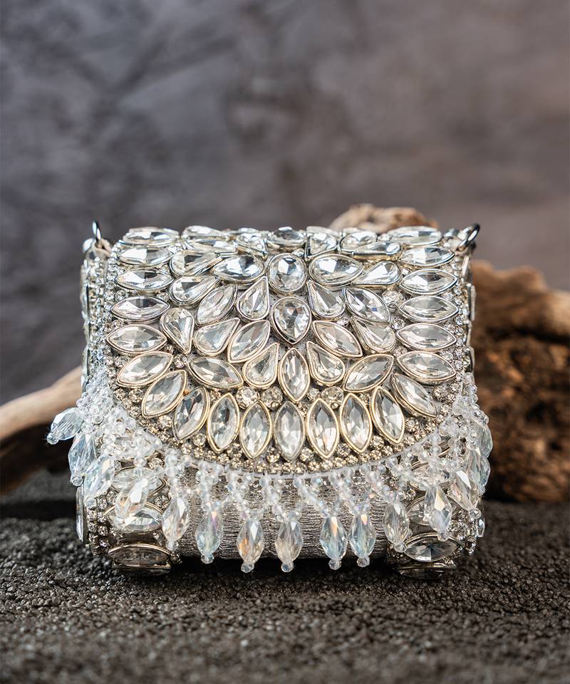Silver embroidered silk mini clutch