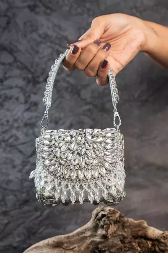 Silver embroidered silk mini clutch