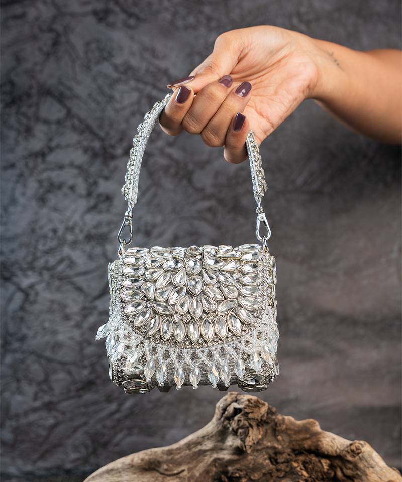 Silver embroidered silk mini clutch