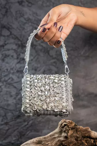 Silver embroidered silk mini clutch
