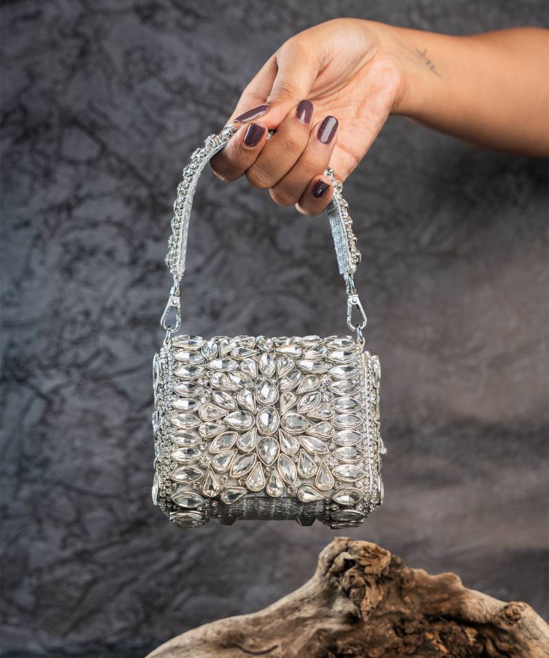 Silver embroidered silk mini clutch