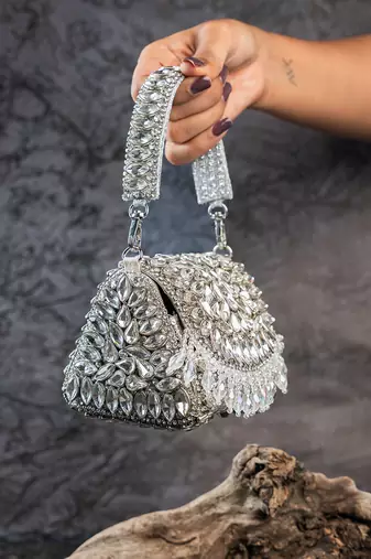 Silver embroidered silk mini clutch
