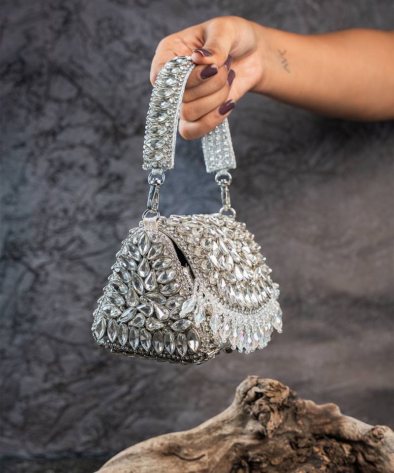 Silver embroidered silk mini clutch