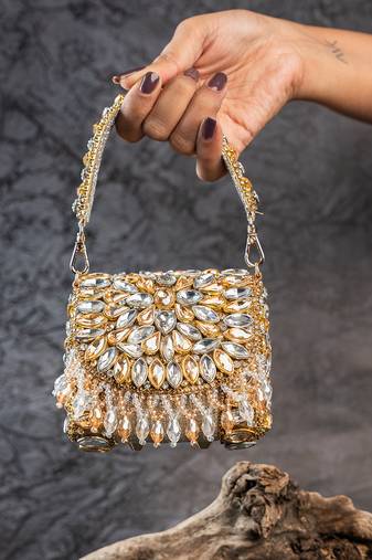 Dual tone embroidered silk mini clutch
