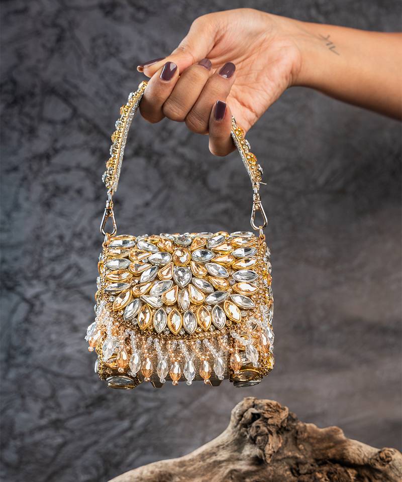 Dual tone embroidered silk mini clutch