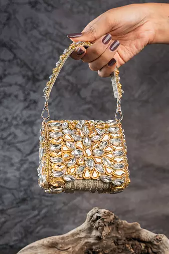Dual tone embroidered silk mini clutch