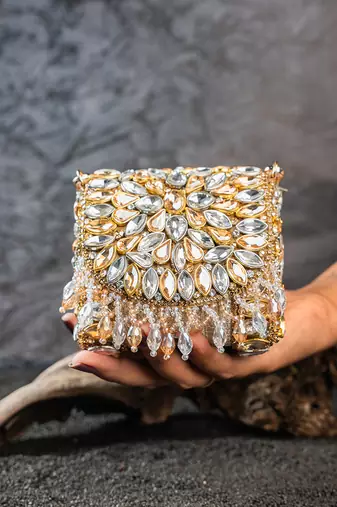 Dual tone embroidered silk mini clutch