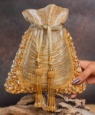 Gold hinted diamond embroidered silk potli bag 2