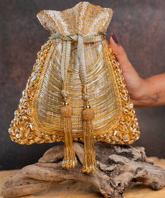 Gold hinted diamond embroidered silk potli bag 4
