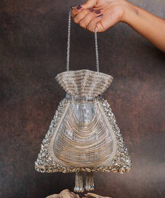 Silver hinted diamond embroidered silk potli bag 3