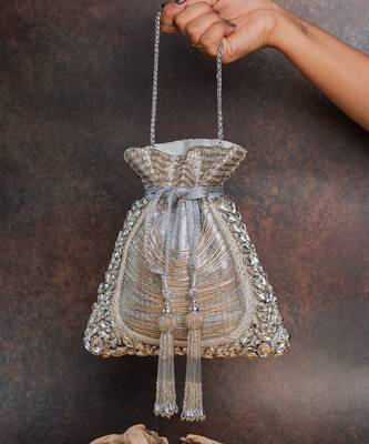 Silver hinted diamond embroidered silk potli bag 4