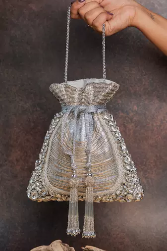 Silver hinted diamond embroidered silk potli bag