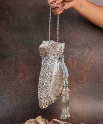 Silver hinted diamond embroidered silk potli bag 5