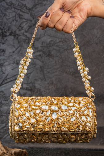Gold embroidered silk capsule clutch