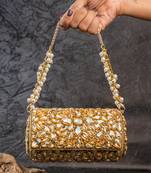Gold embroidered silk capsule clutch