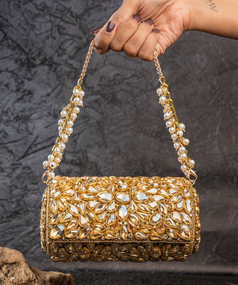 Gold embroidered silk capsule clutch