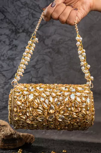 Gold embroidered silk capsule clutch