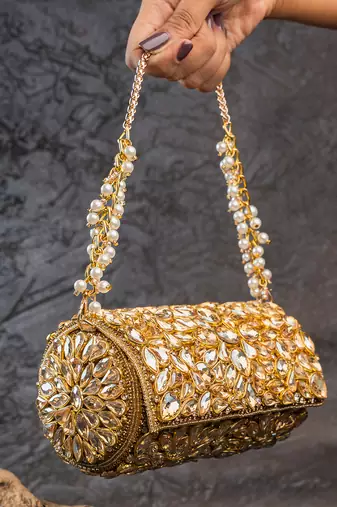 Gold embroidered silk capsule clutch