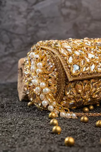 Gold embroidered silk capsule clutch