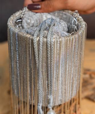 Silver hinted cascade embroidered silk cylindrical bag 1