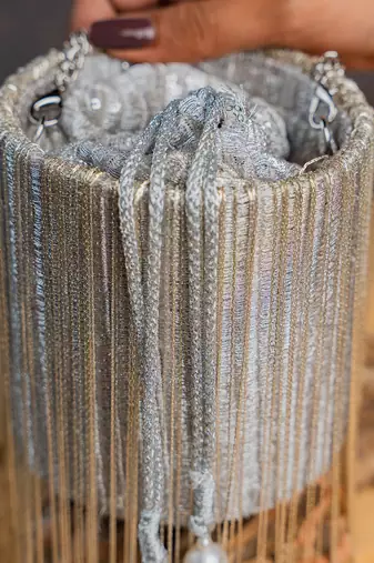 Silver hinted cascade embroidered silk cylindrical bag