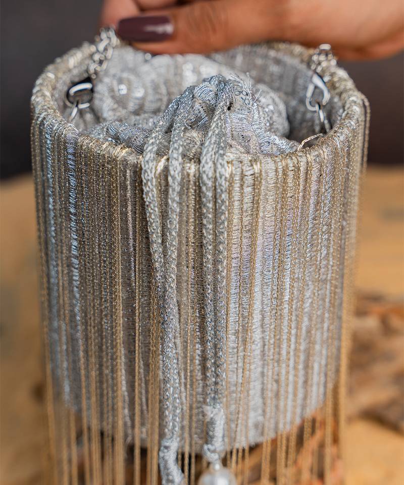 Silver hinted cascade embroidered silk cylindrical bag