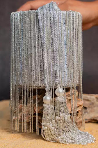 Silver hinted cascade embroidered silk cylindrical bag