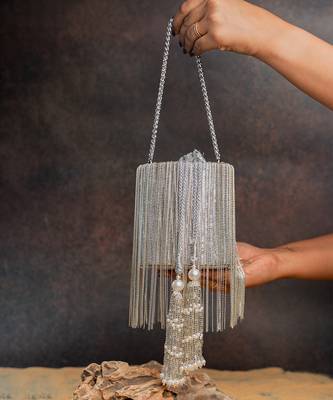 Silver hinted cascade embroidered silk cylindrical bag 4