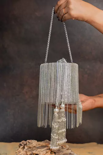 Silver hinted cascade embroidered silk cylindrical bag