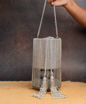 Silver hinted cascade embroidered silk cylindrical bag 5