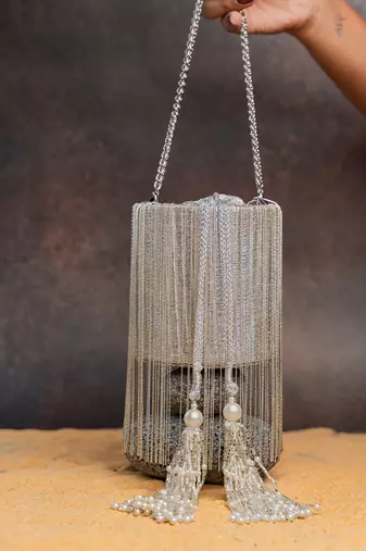 Silver hinted cascade embroidered silk cylindrical bag