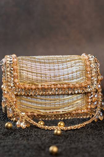 Slate gold hinted embroidered silk clutch