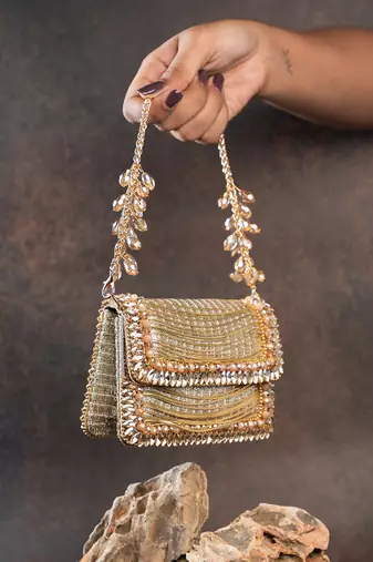 Slate gold hinted embroidered silk clutch