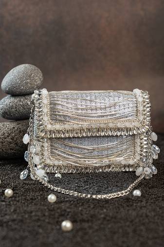 Slate silver hinted embroidered silk clutch