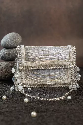 Slate silver hinted embroidered silk clutch