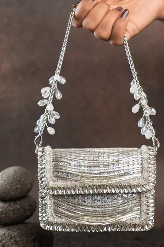 Slate silver hinted embroidered silk clutch