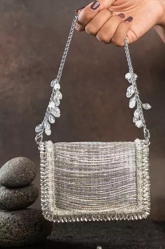 Slate silver hinted embroidered silk clutch