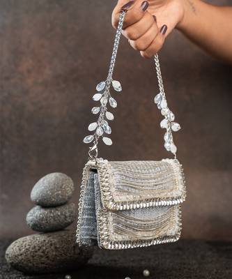Slate silver hinted embroidered silk clutch 4