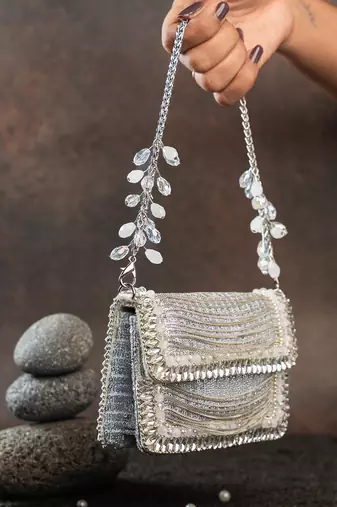 Slate silver hinted embroidered silk clutch