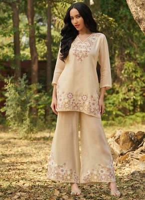 Biege embroidered viscose jacquard straight kurta set 1