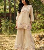 Biege embroidered viscose jacquard straight kurta set