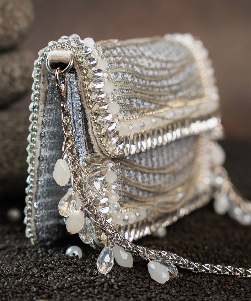 Slate silver hinted embroidered silk clutch