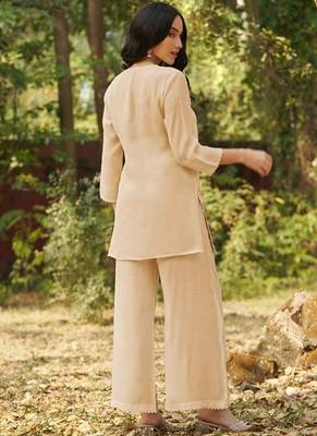 Biege embroidered viscose jacquard straight kurta set 2
