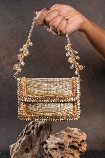Slate gold hinted embroidered silk mini clutch