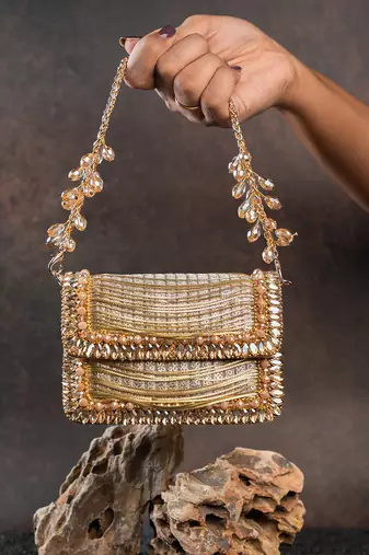 Slate gold hinted embroidered silk mini clutch
