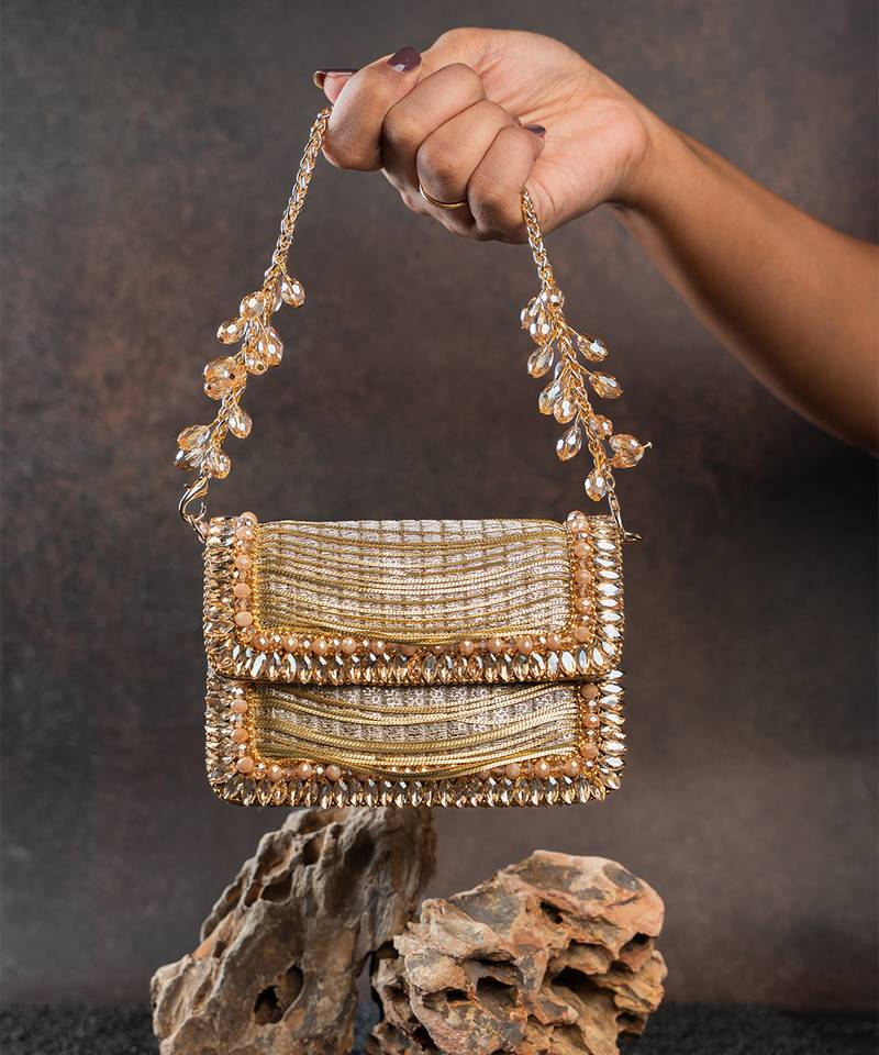 Slate gold hinted embroidered silk mini clutch