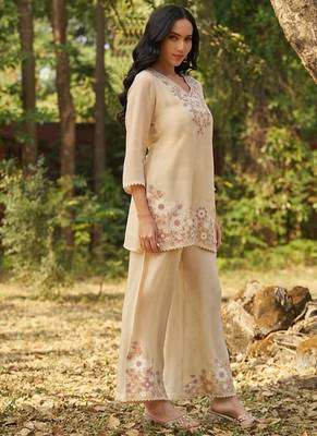 Biege embroidered viscose jacquard straight kurta set 3