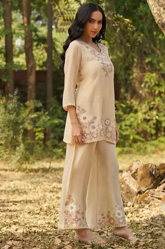 Biege embroidered viscose jacquard straight kurta set