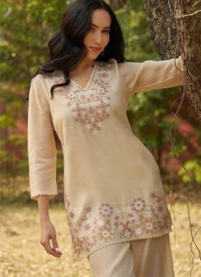 Biege embroidered viscose jacquard straight kurta set 4