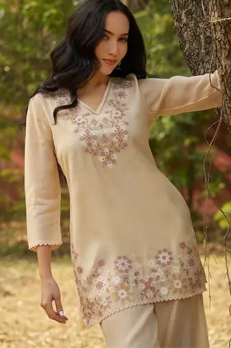 Biege embroidered viscose jacquard straight kurta set